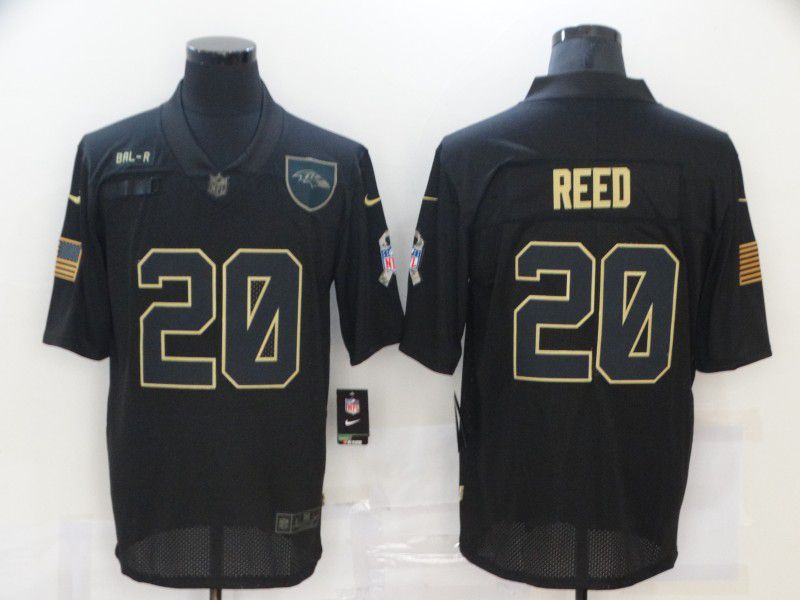Men Baltimore Ravens 20 Reed Black gold lettering 2020 Nike NFL Jersey